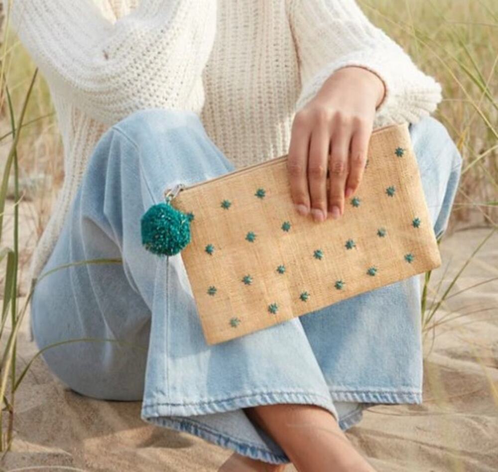 Mar y Sol Sophia Pouch Mini Zip Bag Clutch Raffia Tan Aqua Coastal Beachy Boho